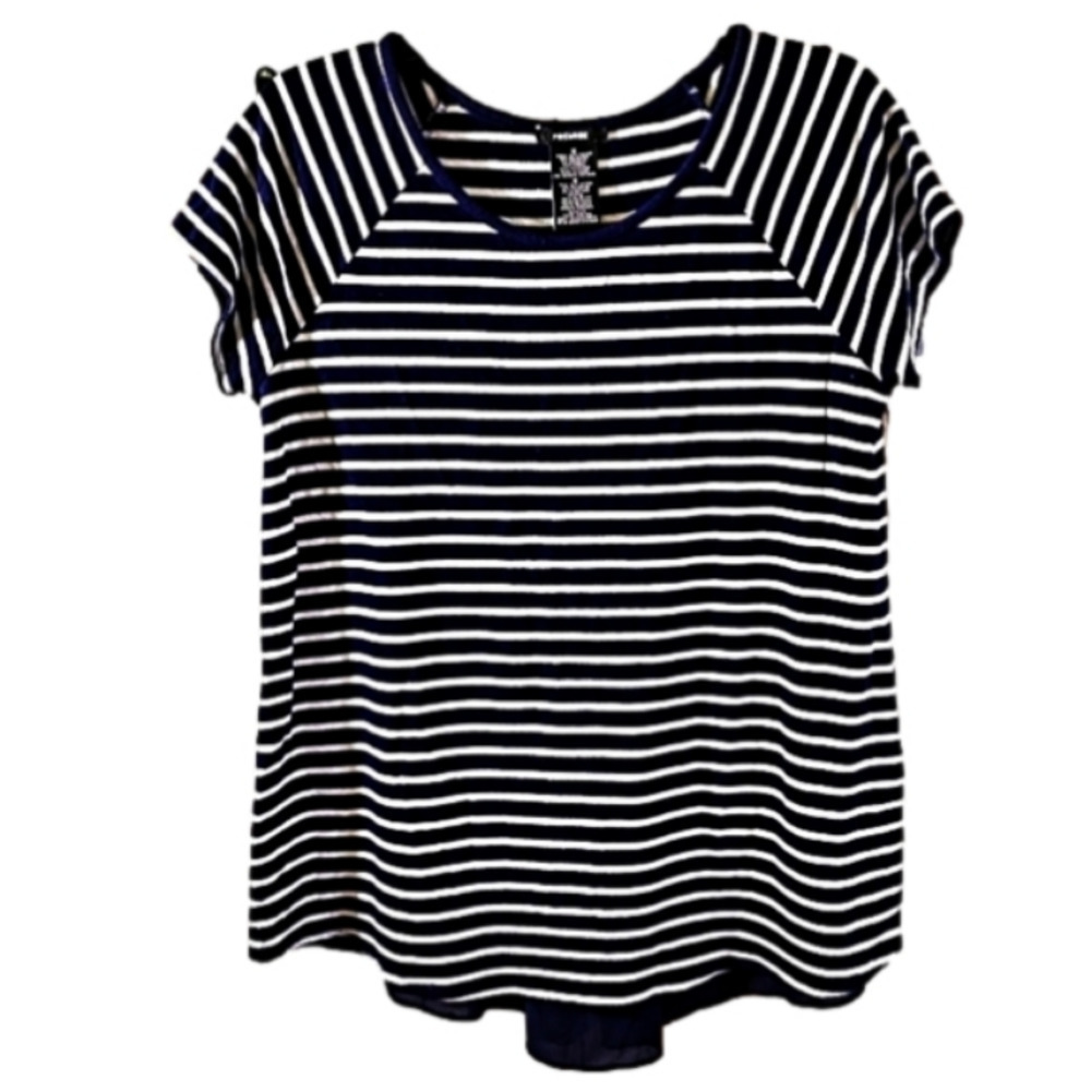 Premise M Navy/White Striped Short Sleeve Chiffon Inverted Pleat Blouse